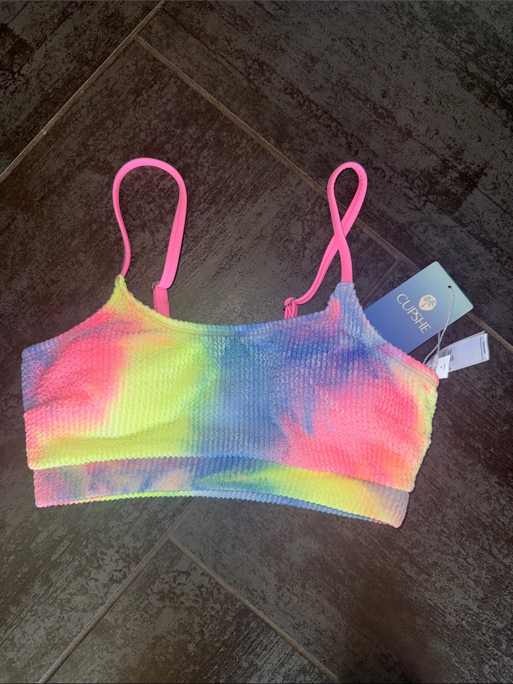 Cupshe Neon Tie-Dye Bikini top with Pink Straps